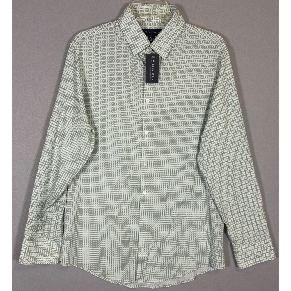 NWT Mizzen Main Shirt Mens M Trim Fit Green White Geometric LS Performance Shirt